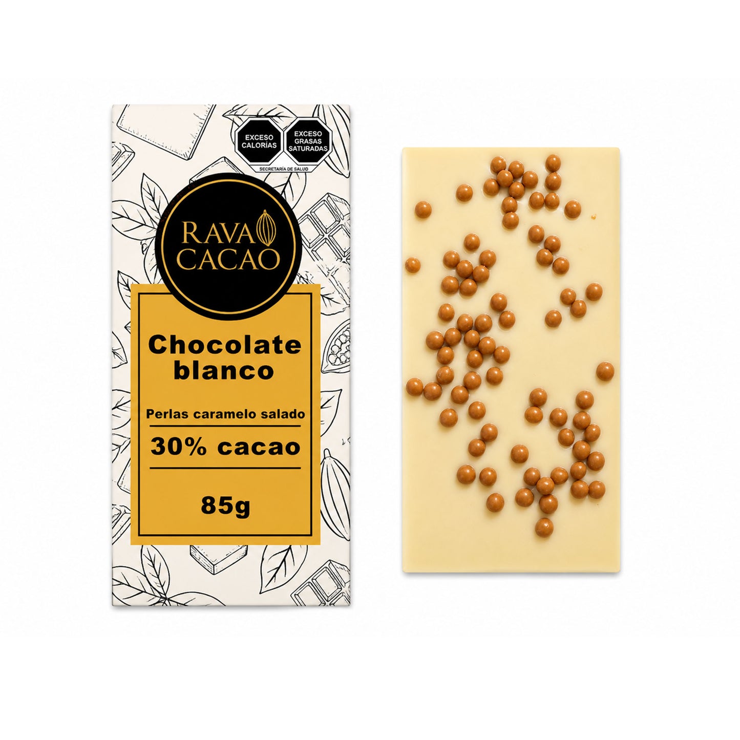 Barra de chocolate blanco 30% cacao con perlas de caramelo salado, 85 g
