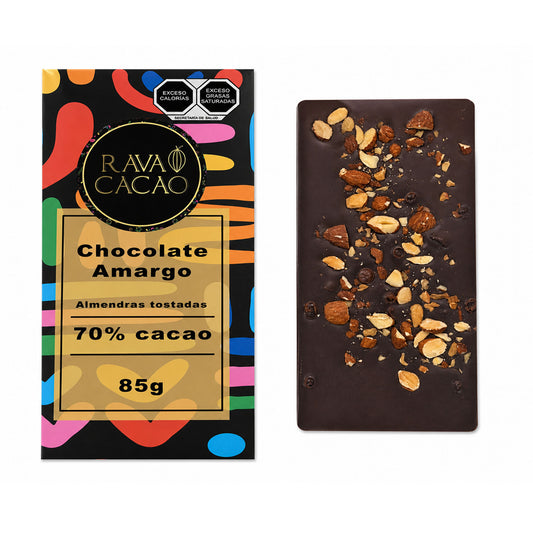 Barra de chocolate amargo 70% cacao con almendras tostadas, 85 g