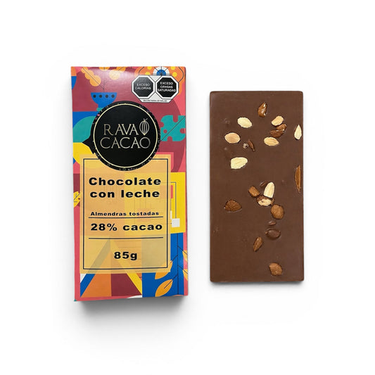 Barra de chocolate con leche 28% cacao con almendras tostadas, 85 g